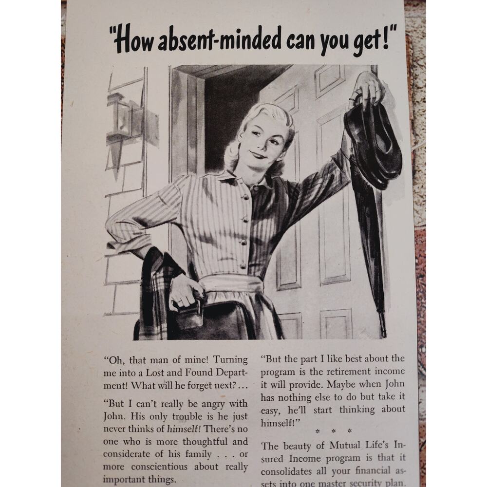 1950 "How Absent-Minded Can You Get!" Smirking Wife Holding‎ Hubbys Vtg Print Ad